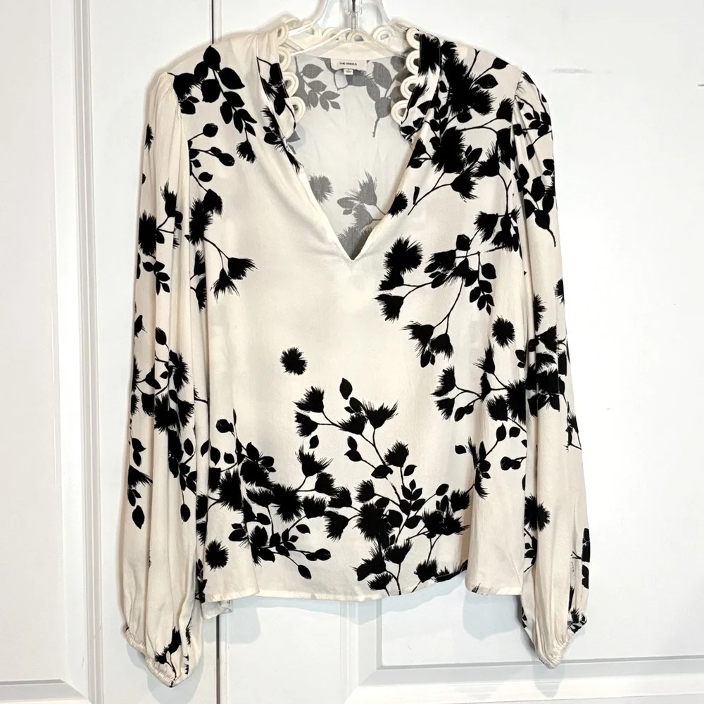 Anthropologie The Odells Robin Ivory Black Floral Peasant V-neck Blouse S